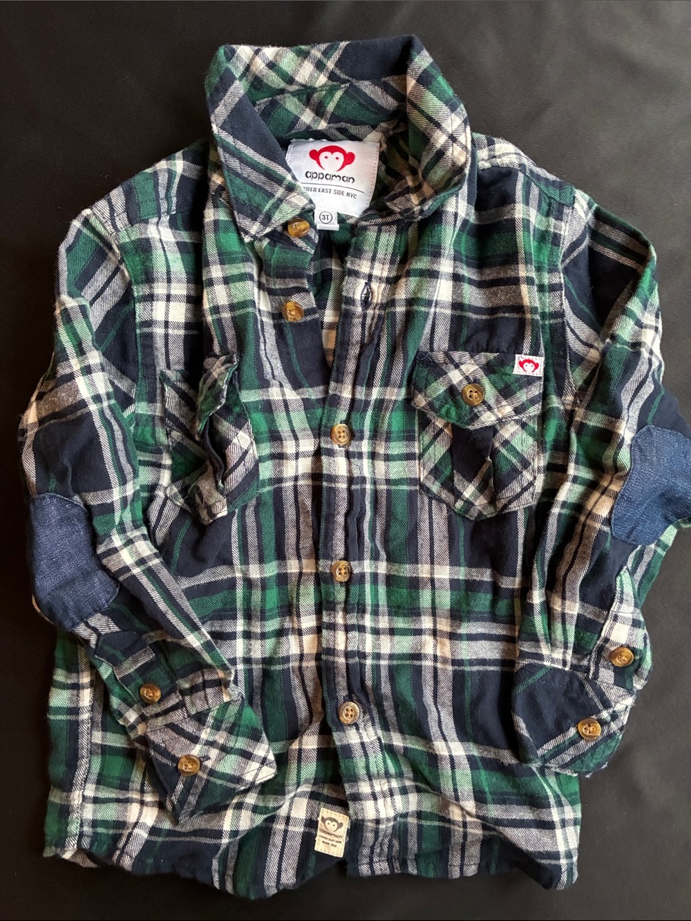 Appaman Green Navy White Plaid Button-Down Shirt with Elbow Patches